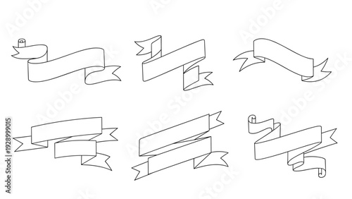 Set of hand-drawn black and white ribbon banners in various shapes and curves for text placement and decorative graphic design projects.