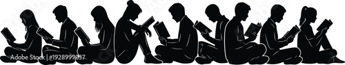 People Reading Books Silhouette Panorama, Students and Readers Studying Together, Education and Knowledge Concept, Black Minimal Vector Illustration Isolated on White
