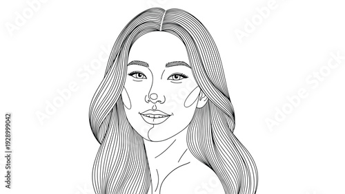 Beautiful line art illustration of a young woman with long wavy hair looking forward with a slight smile on a clean white background.