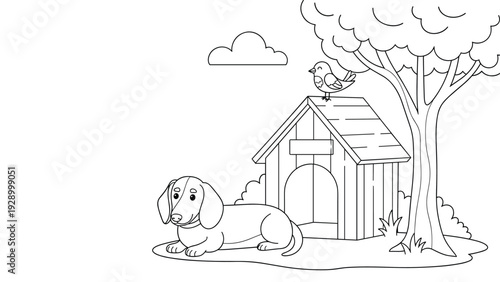 Black and white coloring page illustration of a dachshund dog resting near its wooden doghouse under a tree with a small singing bird.