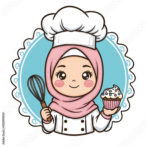 Cute little girl chef cooking happily in a restaurant kitchen cartoon illustration