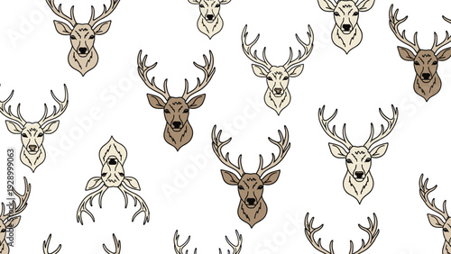 Repeating pattern of stylized deer heads with impressive antlers in brown and beige tones for hunting lodge or rustic cabin decor.