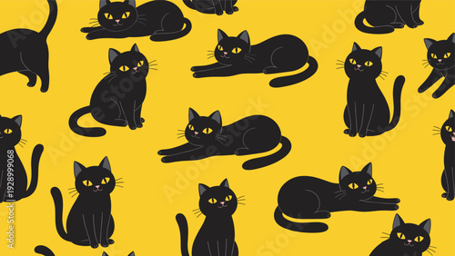 Playful seamless pattern with cute black cats in various poses sitting and stretching on a bright yellow background for pet lovers.