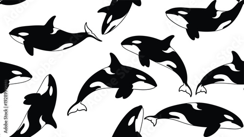 Bold black and white seamless pattern featuring various orca whales swimming in different directions for ocean-themed fabric prints.