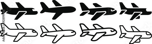 Collection of airplane icons in solid black and outline styles, symbolizing travel, aviation, and transportation.