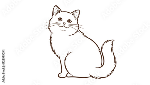 Charming line art illustration of a fluffy long-haired cat sitting patiently with a sweet expression on a white background.