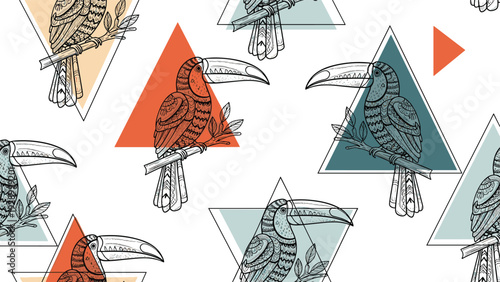 Geometric pattern featuring hand-drawn toucan birds perched on branches inside colorful triangles for a modern tropical vibe.