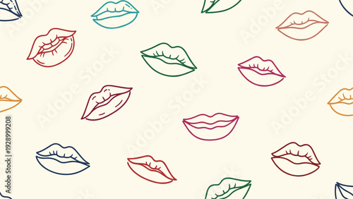 Playful seamless pattern with stylized hand-drawn lips in various colors like red, blue, green, and pink for beauty branding.