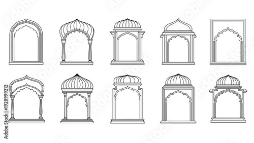 Collection of ten diverse architectural window frames and arches inspired by traditional Indian and Arabic design shown as black line art.