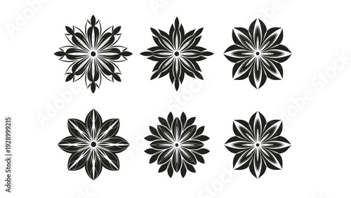 Set of six intricate floral and mandala inspired circular patterns presented as black and white graphic design elements on a white field.
