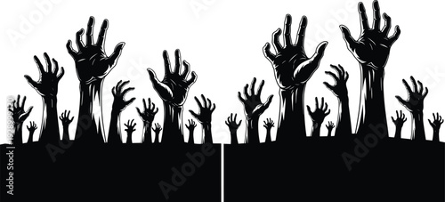 Raised Hands Silhouette Crowd Set, Protest, Voting and Audience Participation Concept, Black Dramatic Vector Illustration Isolated on White Background