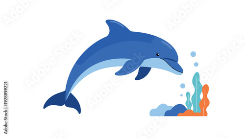 Dolphin jumping gracefully over colorful coral and underwater plants is depicted in a stylized vector illustration on a white background.