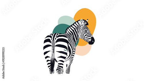 Zebra shown from a rear perspective stands against a background of stylized colorful circles in this modern and creative art illustration.