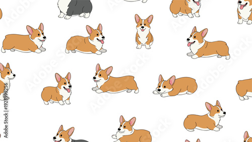 Adorable corgi dogs are featured in a seamless pattern showing them in various playful poses such as sitting and lying down on white.