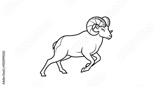 Detailed black and white line drawing of a ram with large curved horns is shown in a dynamic pose on a plain white background for coloring.