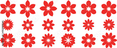 Red flower and floral ornament vector set with abstract petal shapes, decorative blossom icons isolated on white background for pattern, design, and decoration
