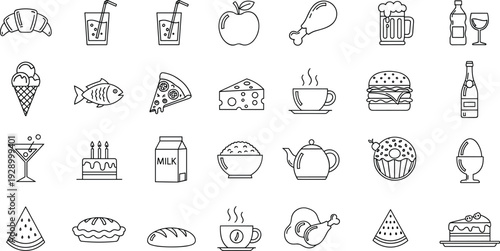Food and Drink Icons Set Featuring Various Beverages, Desserts, Fast Food, and Snacks