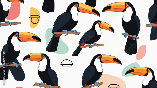 Vibrant seamless pattern featuring tropical toucan birds sitting on branches with colorful background shapes for summer decor.