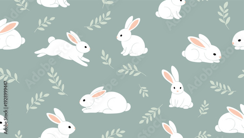 Seamless pattern with cute white rabbits and pale green leaves on a grey-green background for nursery textiles and wallpaper.