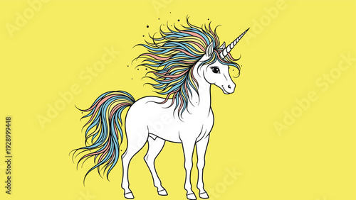 Majestic white unicorn with a colorful rainbow mane and tail standing proudly against a bright yellow background for kids.