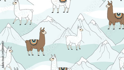 Seamless pattern of cute llamas and alpacas with colorful saddles walking through snow-capped mountains for winter textiles.