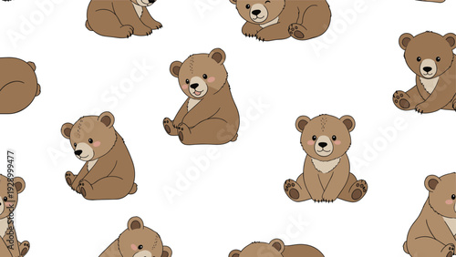 Adorable seamless pattern of cute brown bear cubs in different sitting and lying poses for baby clothing and nursery items.