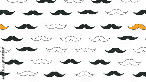 Fun seamless pattern of various mustache styles in black and white with one unique orange accent for fathers day cards.