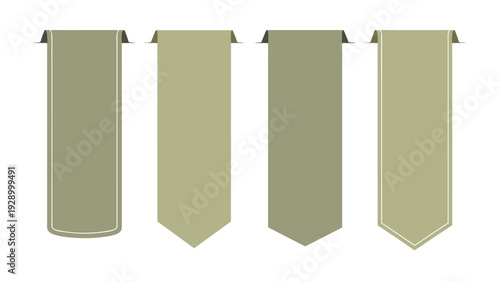 Set of four minimalist hanging ribbon banners in olive green shades for website headings and promotional labels on white.