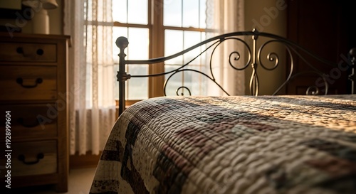 Cozy bedroom interior with a quilt on an antique metal bed frame bathed in warm morning light
