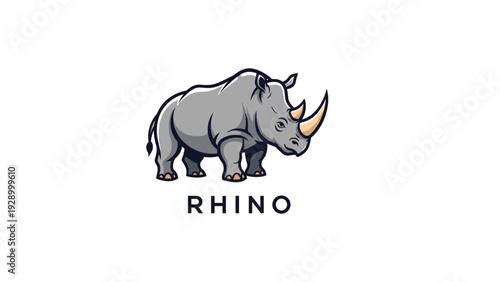 Powerful rhinoceros illustration with horn standing on plain white background with rhino text for educational use or animal logos.