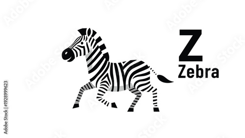 Striped zebra illustration standing with educational alphabet letter Z text on plain white background for kids learning materials.