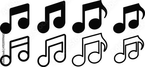 Collection of musical note icons in black and white, solid and outline, representing music, melody, and sound.
