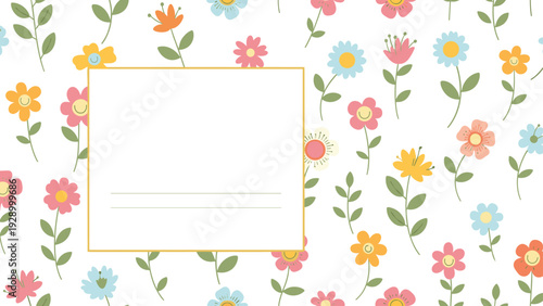 Playful floral border with a variety of colorful simple flowers and a blank square text box for notes or greeting card messages.