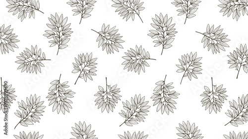 Detailed botanical pattern featuring black and white leaf branch sprigs in a repeating seamless layout on a plain white background.