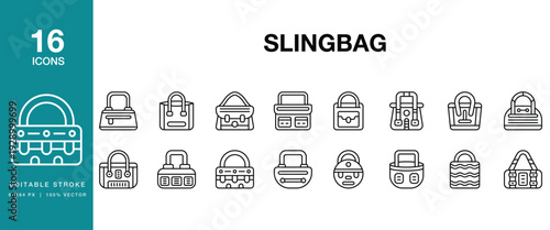 Sling Bag icon set. Includes slingbag, crossbody, shoulderbag, satchel, pouch and More. Editable Stroke Icon Collection.