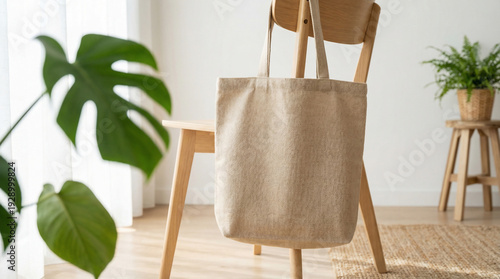 Tote bag mockup with a blank beige canvas bag hanging on a wooden chair, representing sustainable fashion, eco-friendly shopping, and casual lifestyle branding.
