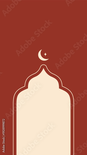 Red Islamic arch frame with moon for Ramadan Kareem and Eid Mubarak greetings