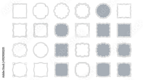Large collection of 24 decorative frames and borders in various ornate shapes and sizes with grey fills on a white background.