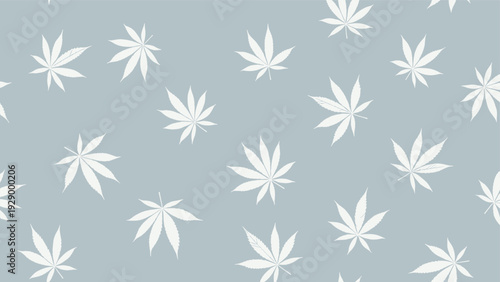 Seamless pattern of white cannabis or marijuana leaves scattered on a light blue background for botanical or alternative culture.