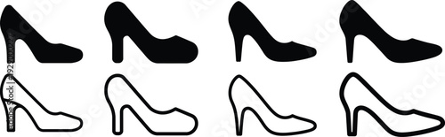 Set of black and white high heel shoe icons, silhouette and outline, for fashion and style concepts.