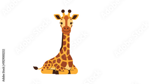 Adorable illustration of a cute baby giraffe sitting down with a friendly expression on a plain white background for kids decor.