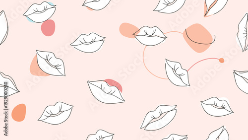 Seamless pattern featuring simple white lip outlines with soft pink and orange organic shapes behind them on a peach background.