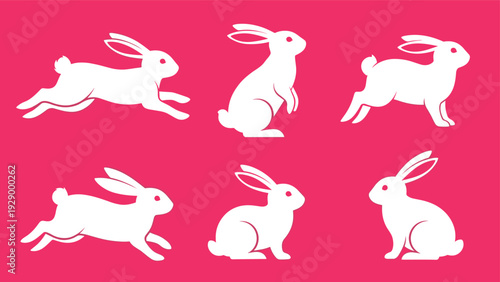 Set of six white rabbit silhouettes in different poses like jumping and sitting on a vibrant solid pink background for girls art.