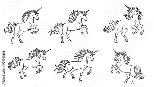 Collection of six majestic unicorn outlines in different dynamic poses like rearing and running on a plain white background.