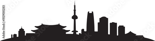 Seoul skyline silhouette with iconic landmarks and traditional buildings