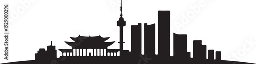 Seoul skyline silhouette with iconic landmarks and traditional buildings