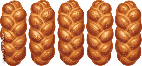 Golden Braided Challah Bread Loaf Icon Set with Sesame Seeds Freshly Baked Pastry for Bakery Jewish Holiday Rosh Hashanah Shabbat and Food Illustration