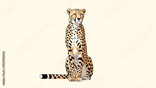 Detailed color illustration of a cheetah sitting and looking forward with its long tail resting on a plain beige background.