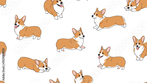 Adorable seamless pattern with pembroke welsh corgi dogs in various playful poses and happy expressions on a white background.