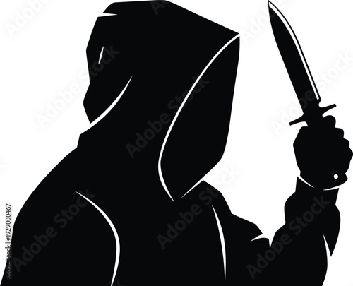 Silhouette, of, a, hooded, mysterious, man, holding, a, sharp, knife, weapon, in, the, dark, for, crime, thriller, horror, danger, concept